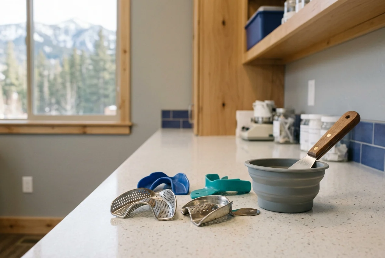 Dental impression trays on a laboratory counter