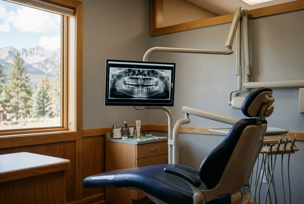 A panoramic dental x-ray on a monitor beside the chair